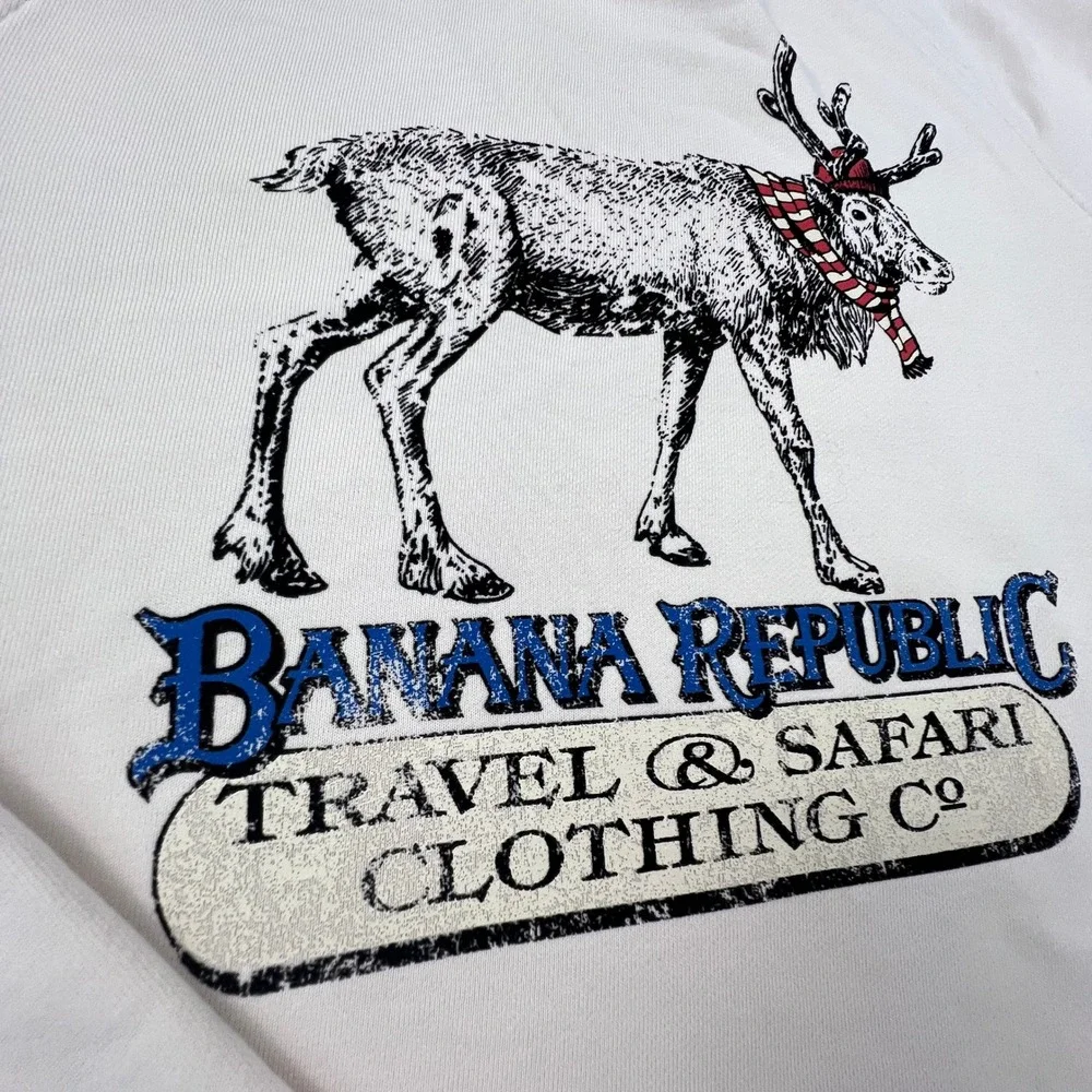 Banana Republic Sweatshirt Mens Large Cream Reindeer Safari Graphic Terry HOL19